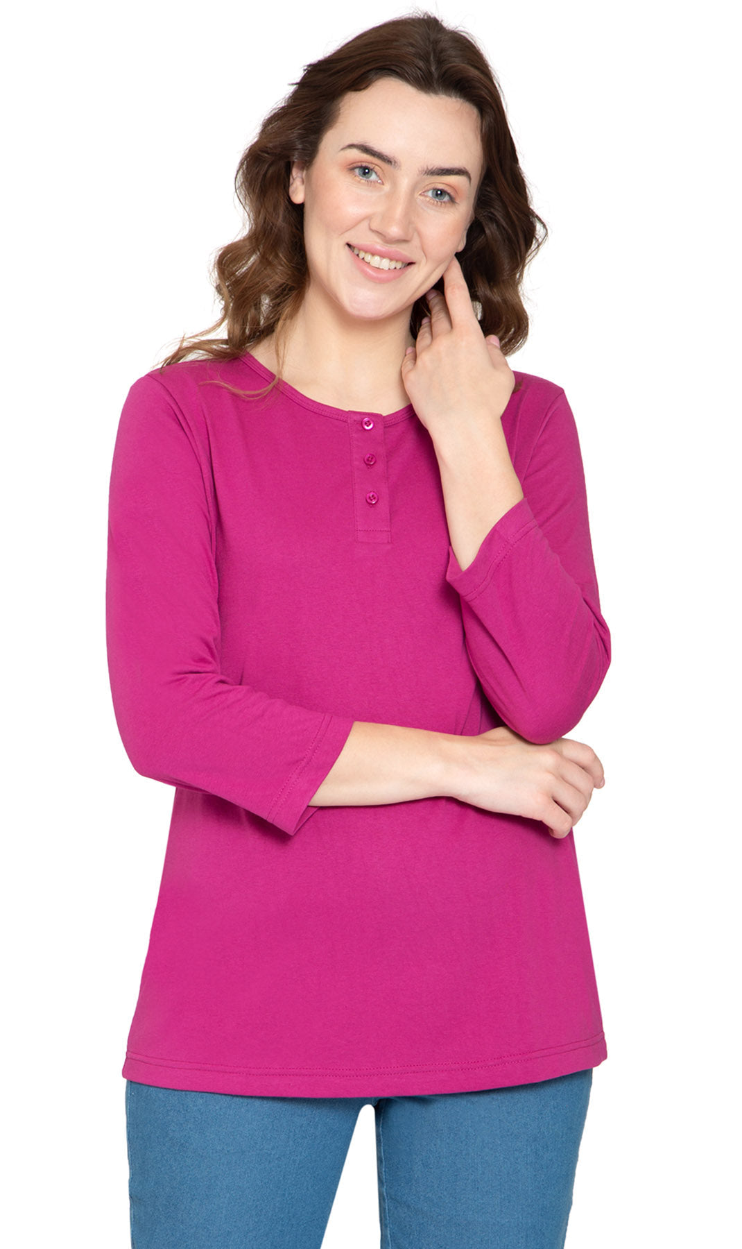 Women's 3/4 sleeves Henley in Cotton Blend with Button Placket