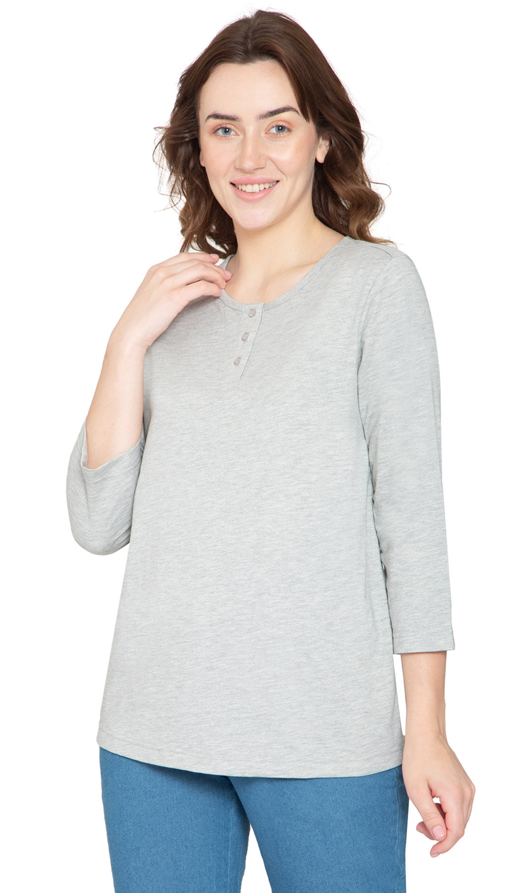 Women's 3/4 sleeves Henley in Cotton Blend with Button Placket