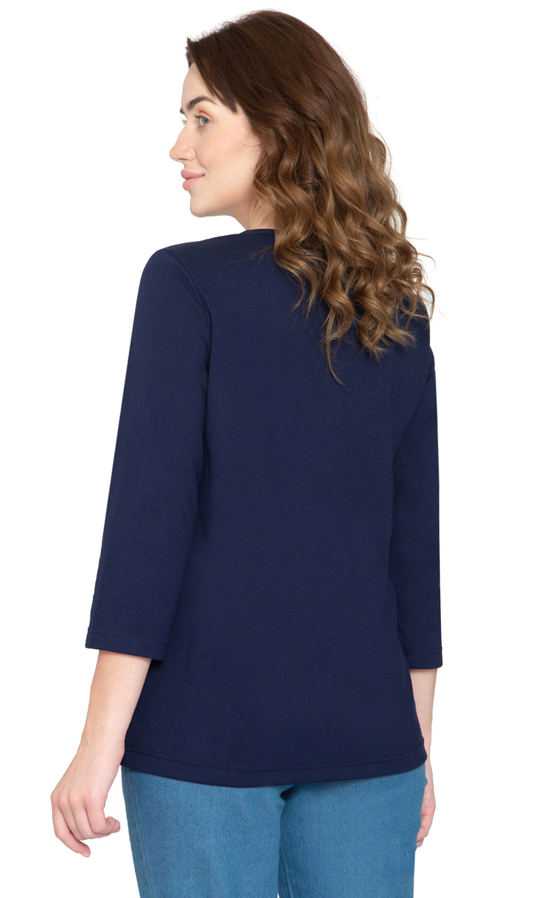 Women's 3/4 sleeves Henley in Cotton Blend with Button Placket