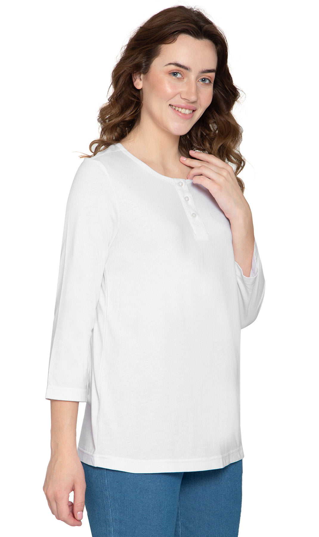 Women's 3/4 sleeves Henley in Cotton Blend with Button Placket