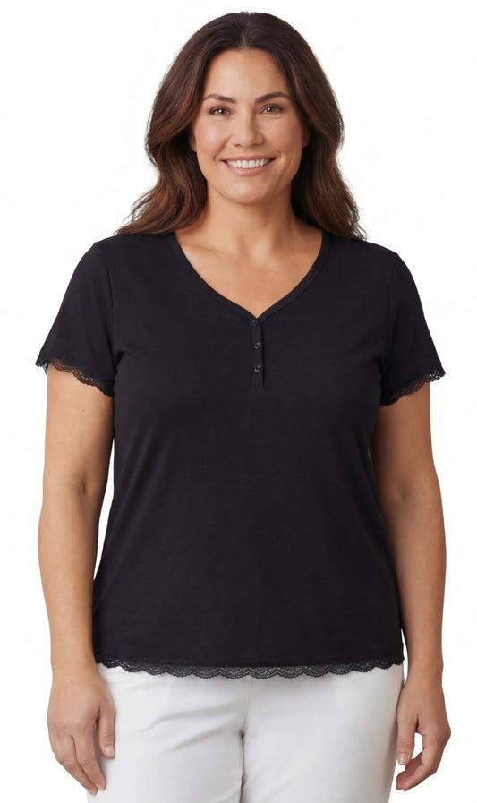 Women's V-neck Short Sleeve Tshirt with A Three Button Placket