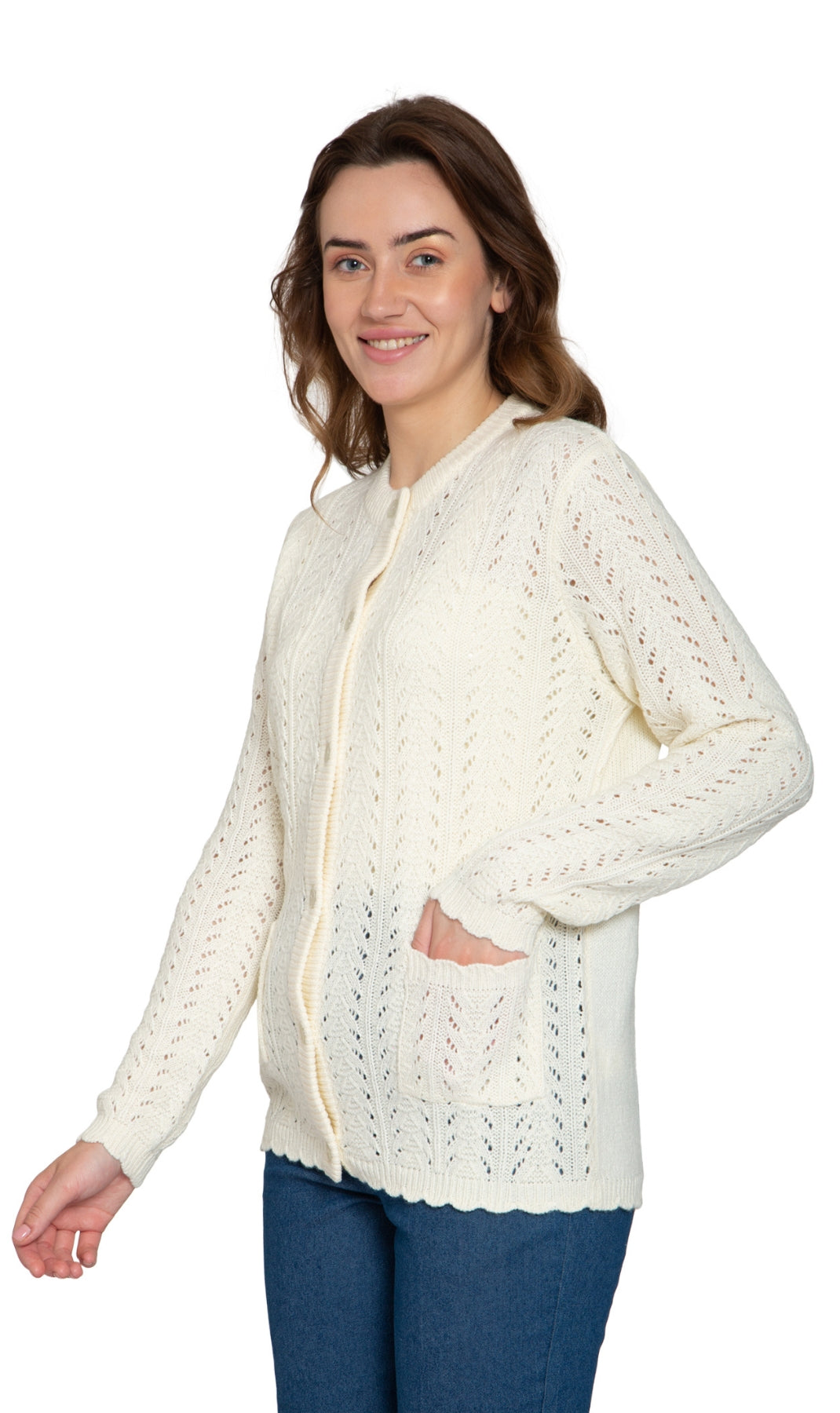 Women's Button Front Crochet Pointelle Cardigan with Pockets