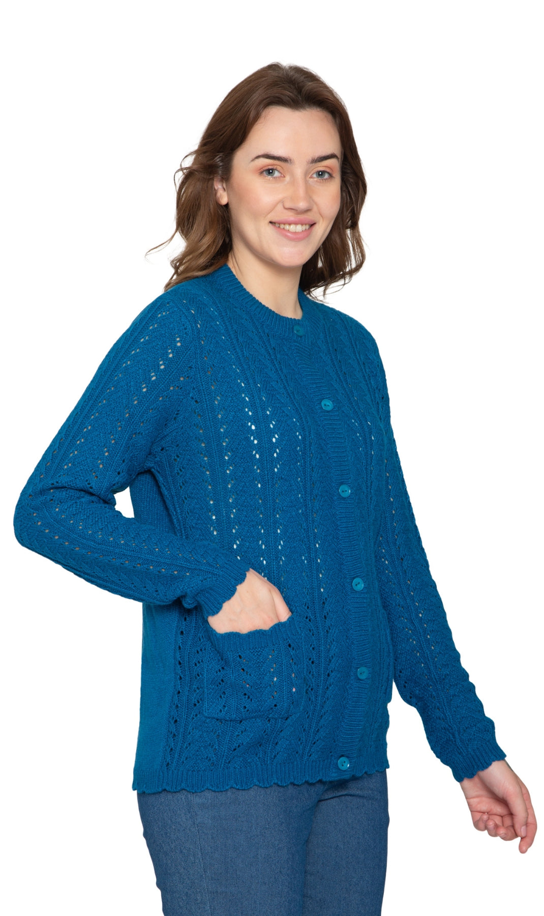 Women's Button Front Crochet Pointelle Cardigan with Pockets