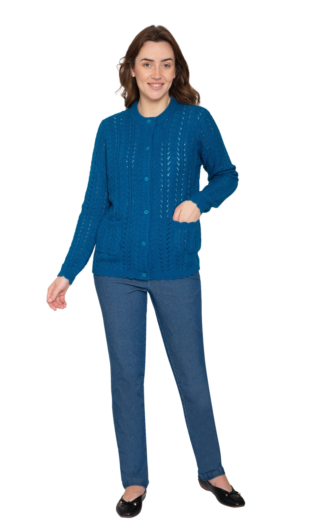 Women's Button Front Crochet Pointelle Cardigan with Pockets