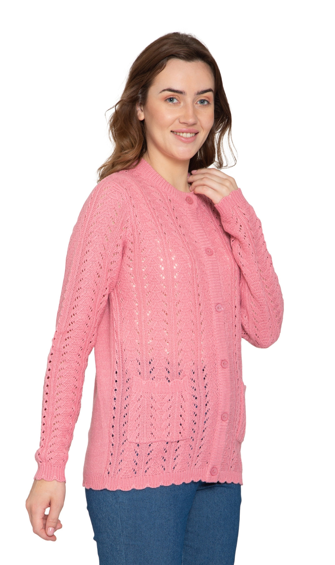 Women's Button Front Crochet Pointelle Cardigan with Pockets