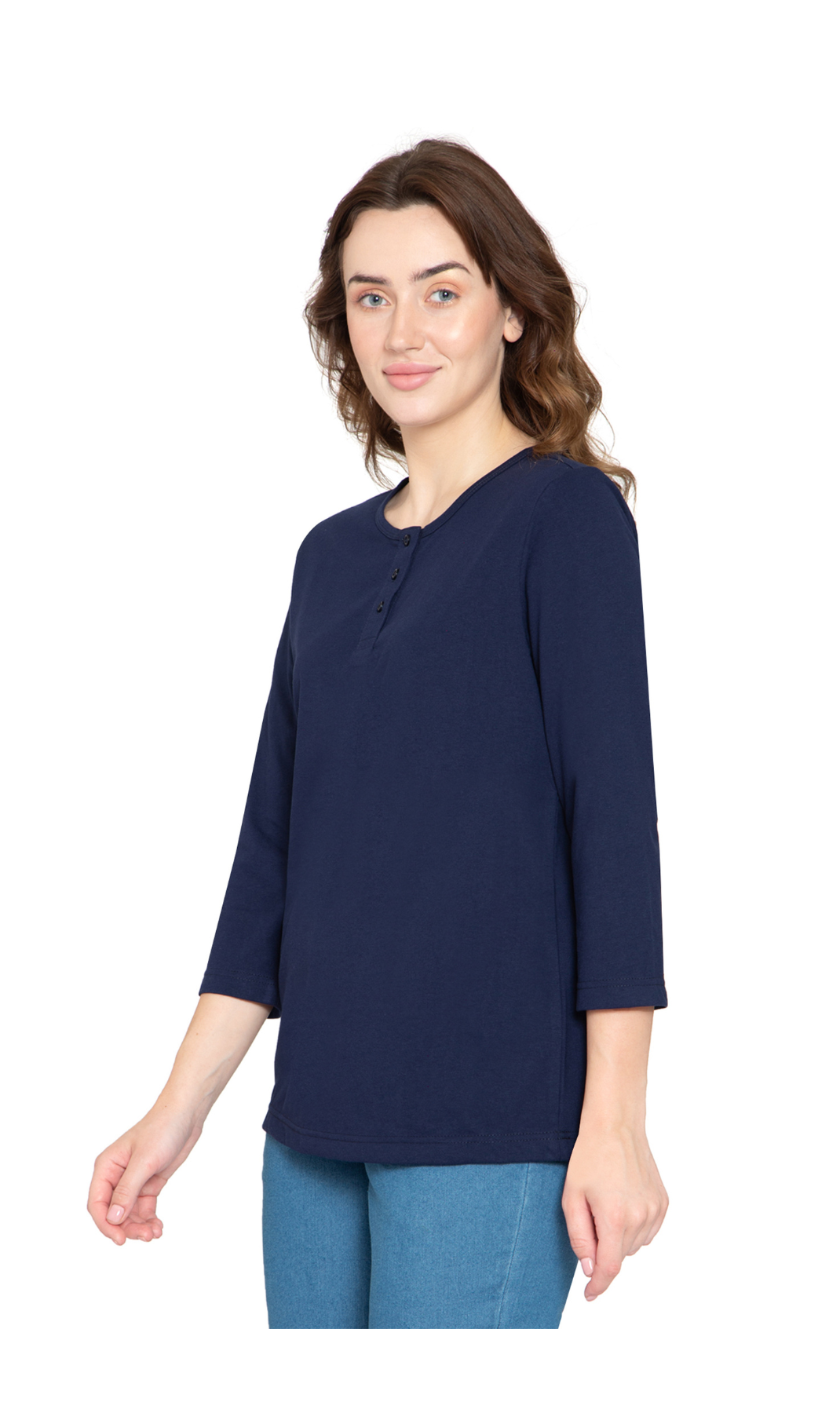 Women's 3/4 sleeves Henley in Cotton Blend with Button Placket