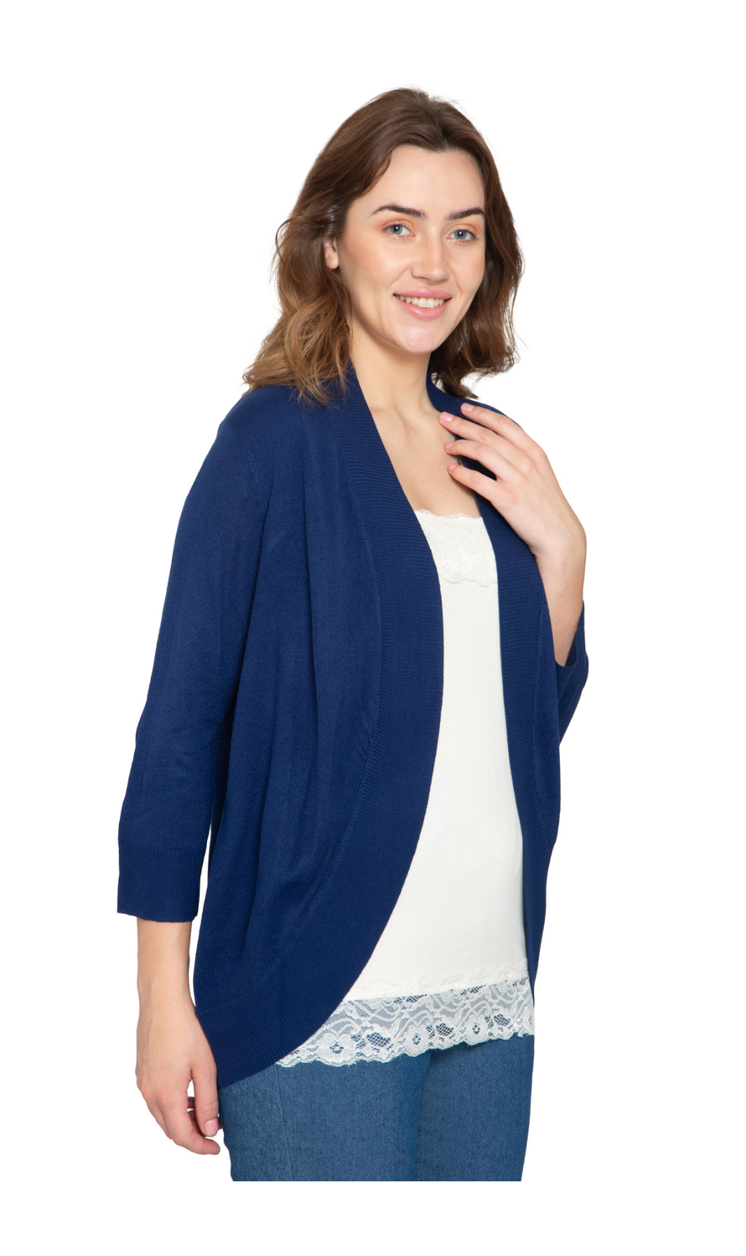 Women's Curved Hem Cardigan - Open Front in Soft Cashmere like Fabric
