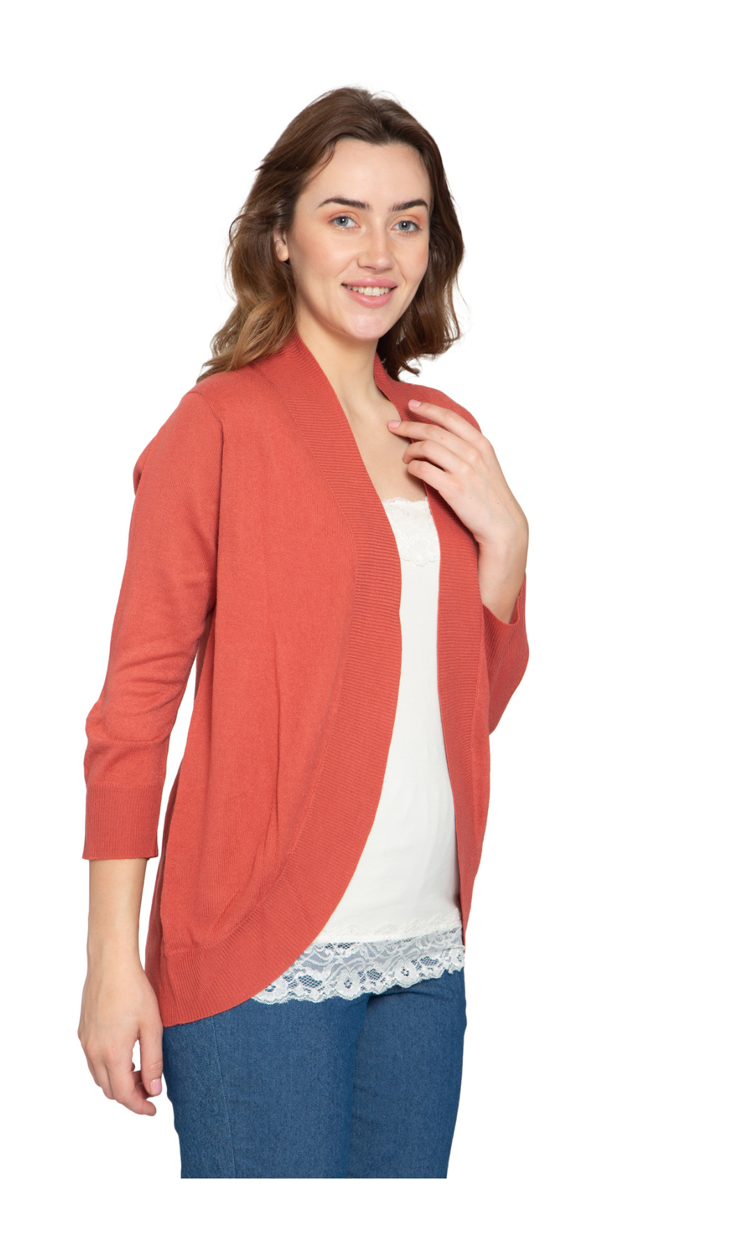 Women's Curved Hem Cardigan - Open Front in Soft Cashmere like Fabric
