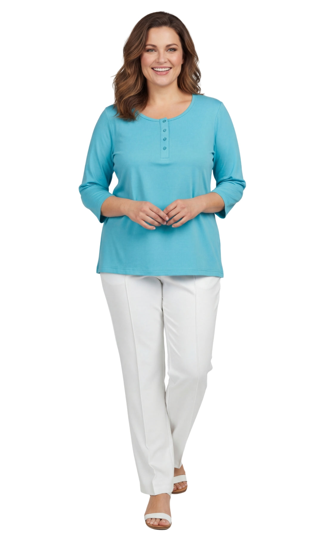 Women's 3/4 sleeves Henley in Cotton Blend with Button Placket